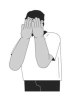 Arab man covering eyes depressed black and white 2D line cartoon character. Middle eastern guy hiding behind hands isolated outline person. Embarrassed monochromatic spot illustration vector