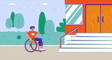 Lack of accessibility for disabled cartoon flat illustration. Confused wheelchair male in front of stairs 2D character colorful background. Social issue barrier scene storytelling image vector