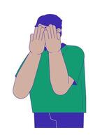 Arab man covering eyes depressed 2D cartoon character. Middle eastern guy hiding behind hands isolated flat person white background. Facepalming. Embarrassed reaction color spot illustration vector