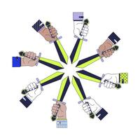 Corporate teamwork 2D illustration concept. Suits hands holding swords in circle cartoon scene isolated on white. Unity partnership. Businesspeople cooperation metaphor abstract flat graphic vector