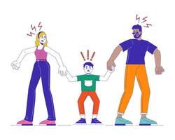 Dysfunctional family dynamic cartoon flat illustration. Yelling parents and scared child boy 2D characters isolated on white background. Childhood trauma. Divorce quarrel scene color image vector