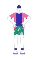 Smiling caucasian man with hands on hips 2D cartoon character. Summer outfit european guy isolated flat person white background. Bearded guy standing in power pose color spot illustration vector