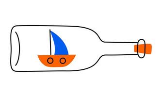 Hand drawn cute cartoon illustration of ship in bottle. Flat boat model miniature in doodle style with outline. Souvenir or keepsake icon or print. Memory gift. Travel flashback. Isolated. vector