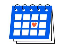 Hand drawn cute cartoon illustration of calendar with heart on 14 February. Flat date planning in colored doodle style. Valentines day reminder icon or print. Romantic event schedule. Isolated. vector