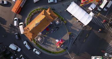 An aerial view of the Chinatown Gate or Odeon Circle, The most famous tourist attraction in Bangkok, Thailand video
