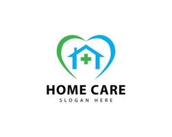 Simple Home Care Logo. Blue Geometric Silhouette Shape House Icon with Green Cross Plus Sign Combination isolated on White Background. Flat Logo Design Template Element. vector
