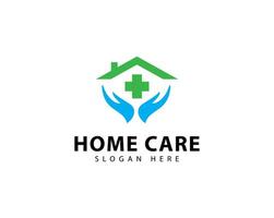 Simple Home Care Logo. Blue Geometric Silhouette Shape House Icon with Green Cross Plus Sign Combination isolated on White Background. Flat Logo Design Template Element. vector