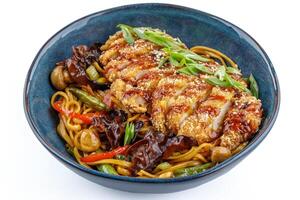 Udon with chicken schnitzel on a white background studio shooting 1 photo