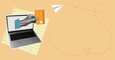Abstract background with halftone lap-top hand hold credit card. Banking and online payment concept. Finance literacy. vector