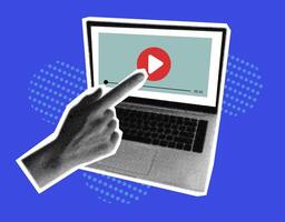 Halftone hand push button play in trendy collage style. Laptop with player. Fingers touch, click or tap. vector