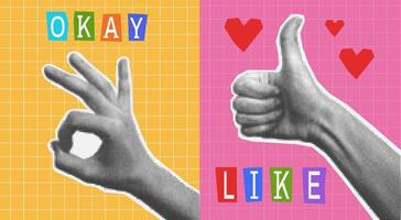 Collage banner with halftone okay hand with cut text. Hand showing gesture like with heart shape. vector