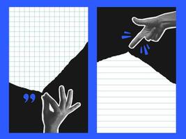 Abstract collage poster with halftone hand and blank lined list. Torn paper for text web banner vector