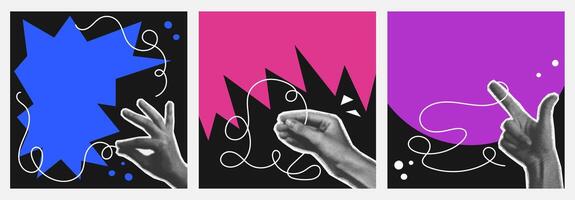 Set of blank square poster with halftone hand hold out line scribble. Background playful funny abstract shape in collage style vector