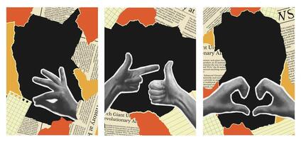 Abstract collage frame with torn piece paper and halftone hand. Poster with blank border torn note. Retro halftone template for vector
