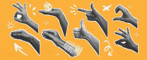 Set of hands in different positions. Collage elements with ink. Various halftone hands gestures. Pop art paper cut elements vector