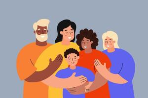 Family Embracing Each Other in Colorful Attire Against Gray Background vector
