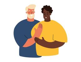 Two Friends Embracing Each Other With Smiles in a Cheerful Setting vector