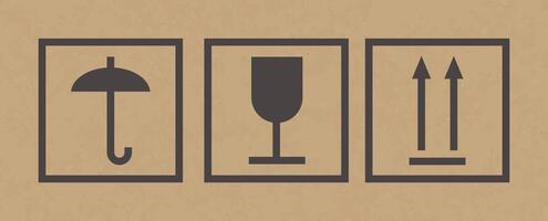 Marking on a cardboard box. Rules for handling cargo during shipment. Caution, do not wet, do not turn over. illustration vector