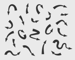 Collection arrows background black and white symbols. Different arrow icon set circle, up, curly, straight and twisted. Design elements. vector