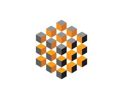 Cube logo, geometric design. Box logotype company, trendy tech emblem in pixel style. vector