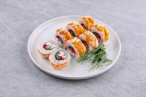 rolls with shrimp on a white background studio shooting 1 photo