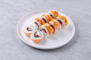 rolls with shrimp on a white background studio shooting 3 photo