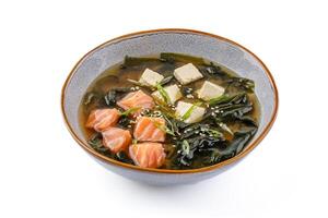 Miso soup with salmon on a white background studio shooting 1 photo
