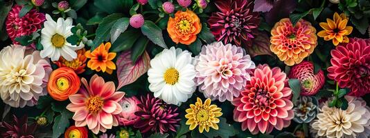 A floral background featuring peonies, chrysanthemums and lilies in various colors. The composition is a close-up shot of the flowers with soft lighting that highlights their textures and petals. photo