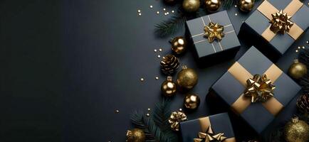 3d rendering of black and gold gift boxes with ribbon on dark background. Christmas tree, candy cane and pine cones decoration. New year concept banner design with copy space area for text photo