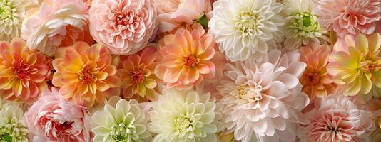 A floral background featuring peonies, chrysanthemums and lilies in various colors. The composition is a close-up shot of the flowers with soft lighting that highlights their textures and petals. photo