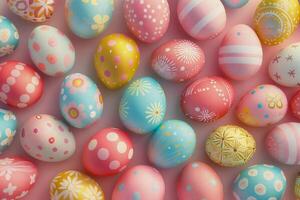 Colorful Easter eggs background, Easter celebration. A lot of colorful easter eggs with different patterns and designs. top view. 3d rendering illustration photo