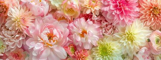 A floral background featuring peonies, chrysanthemums and lilies in various colors. The composition is a close-up shot of the flowers with soft lighting that highlights their textures and petals. photo
