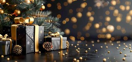 3d rendering of black and gold gift boxes with ribbon on dark background. Christmas tree, candy cane and pine cones decoration. New year concept banner design with copy space area for text photo