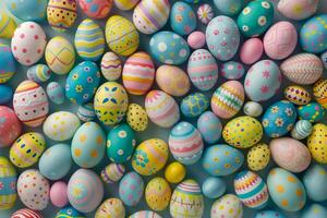 Colorful Easter eggs background, Easter celebration. A lot of colorful easter eggs with different patterns and designs. top view. 3d rendering illustration photo