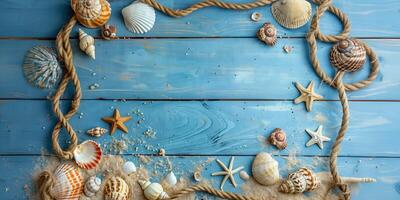 A summer background with sand, rope and sea shells on blue wooden table top view. View from above. travel concept photo
