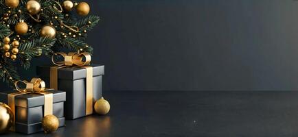 3d rendering of black and gold gift boxes with ribbon on dark background. Christmas tree, candy cane and pine cones decoration. New year concept banner design with copy space area for text photo