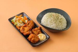 Japanese Fried Chicken with plain rice and mayo dip served in dish isolated on background side view of japanese food photo