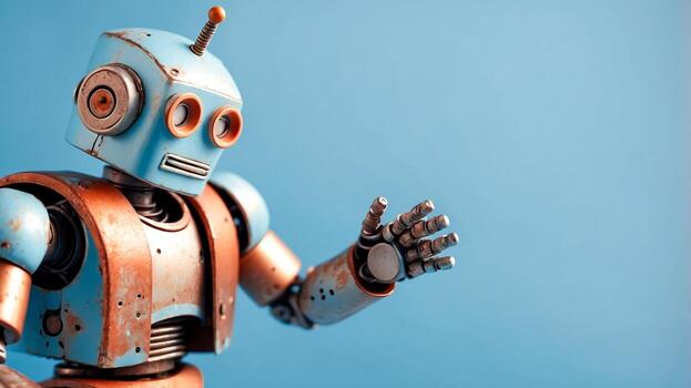 An old rusty robot with a greeting gesture on a light blue background. Technology maintenance concept with copy space. AI-Generated photo