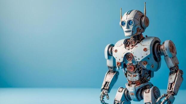 Futuristic white robot on a light blue background with copy space. Modern and advanced future technology concepts with the help of artificial intelligence. AI-Generated photo