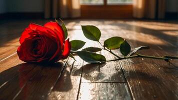 A red rose lay on the floor of the room with aesthetic sunlight. Concept of sad love story, broken heart. AI-Generated photo