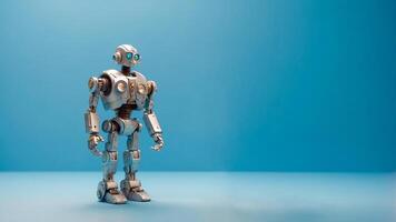 An iron robot toy on a light blue background is standing. Technology maintenance concept with copy space. AI-Generated photo