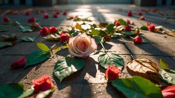 A white rose fell on the road and leaves were scattered around it. Concept of sad love story, broken heart. AI-Generated photo