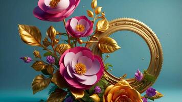 Close-up of luxury 3D floral decoration with gold circle elements on a blue background. Romantic background for wedding and engagement concepts. AI-Generated photo