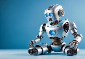 A metal robot toy in imperfect condition on a light blue background is sitting. Technology maintenance concept with copy space. AI-Generated photo