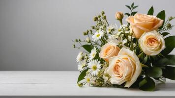 A bunch of roses on a white table with copy space on a white background. Romantic bouquet for wedding greeting card background. AI-Generated photo