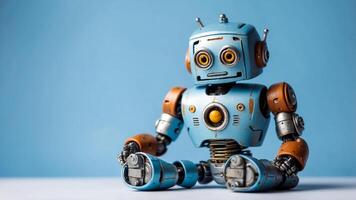 A metal robot toy in imperfect condition on a light blue background is sitting. Technology maintenance concept with copy space. AI-Generated photo