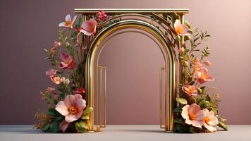 Close-up of a 3D gold gate with colorful floral decoration around it. Romantic background for wedding and engagement concepts. AI-Generated photo