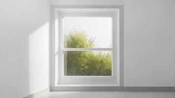 Minimalist white room interior with windows showing natural scenery. A clean room with shadow overlays. The morning sun passes through the window. AI-Generated photo