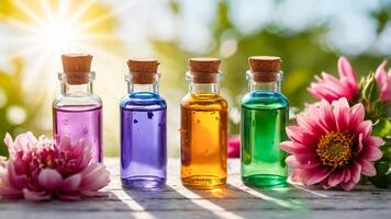 Close-up of floral essential oils in glass bottles with various colored liquids on a vintage wooden table. Freshness of aromatherapy with natural concepts. AI-Generated photo
