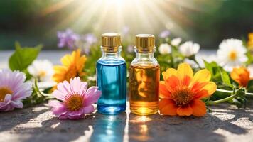 Close-up of floral essential oils in glass bottles with various colored liquids on a vintage wooden table. Freshness of aromatherapy with natural concepts. AI-Generated photo